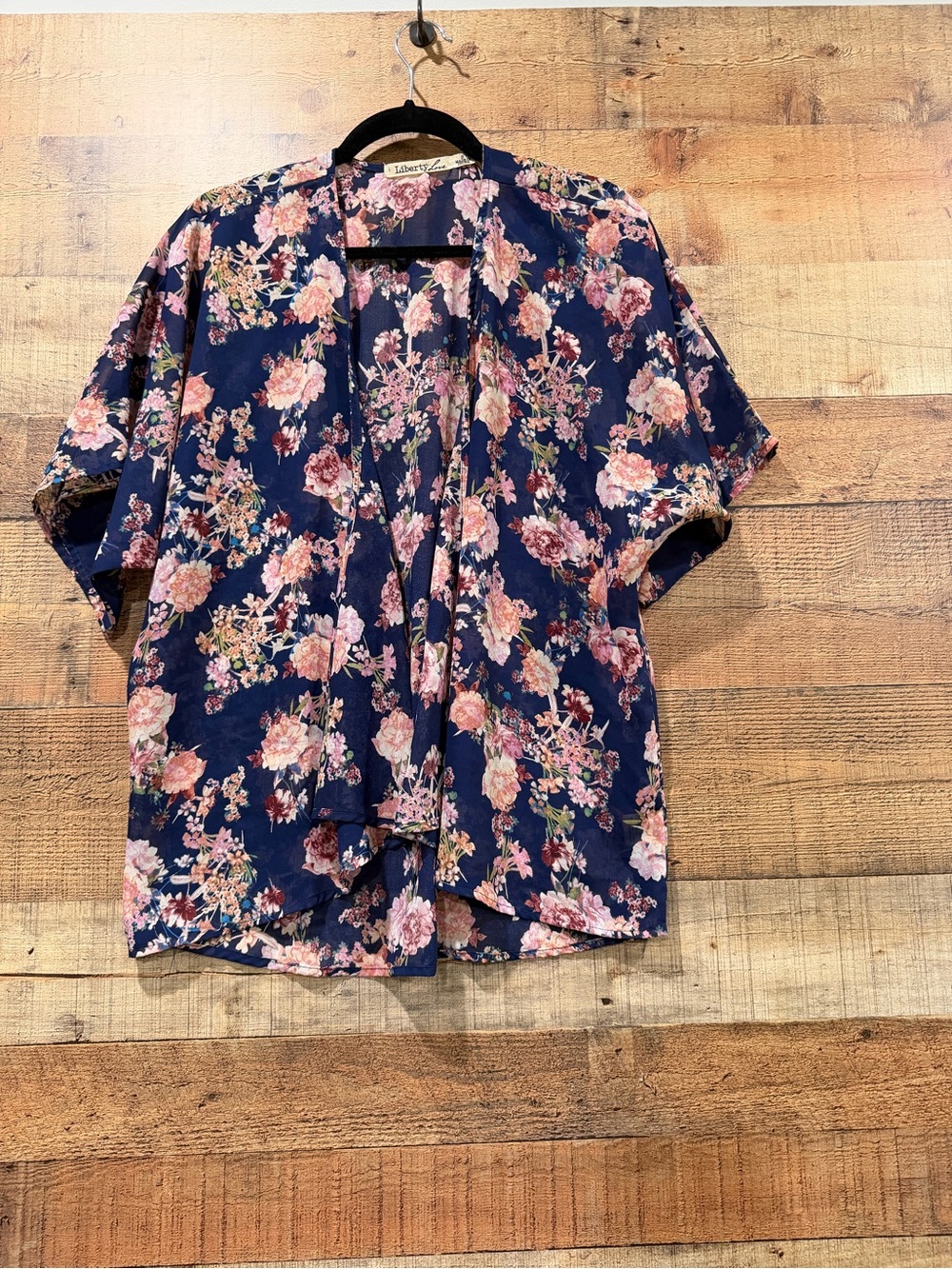 Liberty Love Navy Floral Open-Front Kimono Blouse Size Small